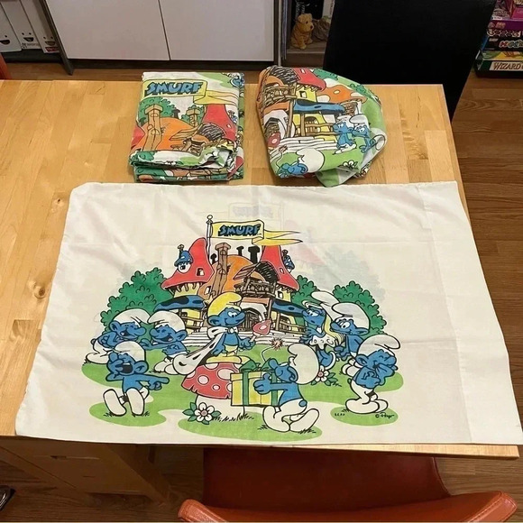 Vtg. 1983 SMURFS Village Twin Fitted & Flat Sheet Pillowcase Set Muslin - Picture 1 of 6